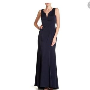 Marina Navy Plunging Sweetheart Satin Mermaid Gown